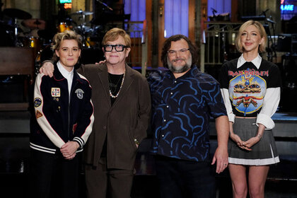 Pictured: (l-r) Musical guest Brandi Carlile & Elton John, Host Jack Black, and Heidi Gardner during Promos in Studio 8H on Thursday, April 3, 2025