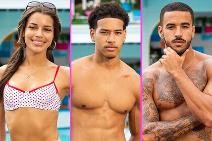 A split of Kayda Reese Bosse, Corbin Mims, and Gabriel Vianna Vasconcelos on Love Island USA Season 8.