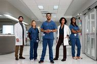 TRANSPLANT -- Season 3 Gallery -- Pictured: (l-r) Jim Watson as Dr. Theo Hunter, Laurence Leboeuf as Dr. Magalie Leblanc, Hamza Haq as Dr. Bashir Hamed, Rekha Sharma as Dr. Neeta Devi, Ayisha Issa as Dr. June Curtis