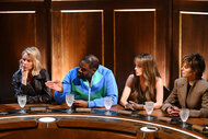 Caroline Stanbury, Ron Funches, Maura Higgins, and Lisa Rinna sitting around the round table on The Traitors Season 4 Episode 2.